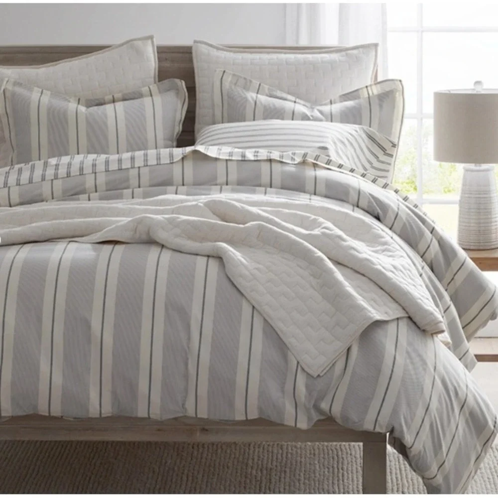 The Company Store Wide Stripe T200 Yarn Dyed Percale Duvet Cover Navy Full NEW
